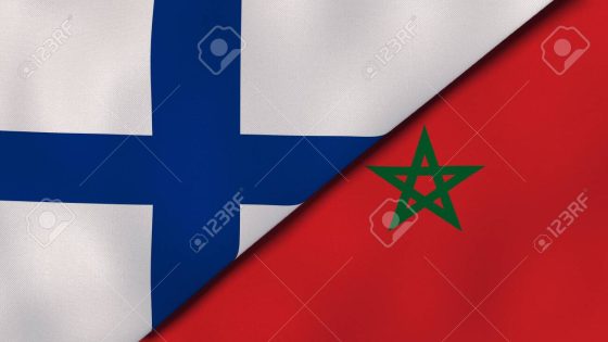 Two states flags of Finland and Morocco. High quality business background. 3d illustration