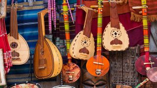 Selection of traditional musical instruments on Moroccan market (souk) in Marrakesh, Morocco
