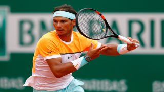 MONTE-CARLO, MONACO - APRIL 15: Rafael Nadal of Spain in action against Lucas Pouille of France during day four of the Monte Carlo Rolex Masters tennis at the Monte-Carlo Sporting Club on April 15, 2015 in Monte-Carlo, Monaco. (Photo by Julian Finney/Getty Images)
