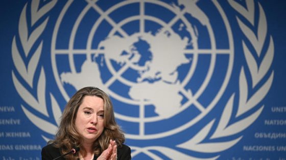 New Director General of the International Organization for Migration (IOM) Amy Pope attends a press conference at the United Office in Geneva, on October 3, 2023. (Photo by Fabrice COFFRINI / AFP)